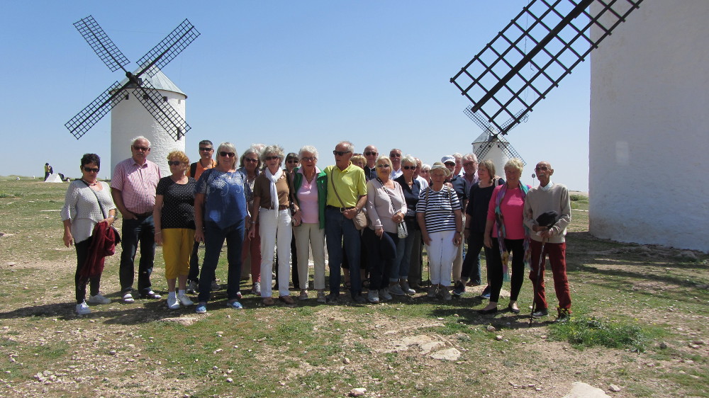 Die Reisegruppe vor Windmühlen